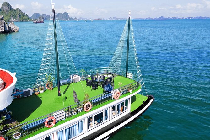 Best Price Halong 5 Star Day Cruise Buffet, Pool ,Sunset party - Tuan Chau Marina and the first view of the bay